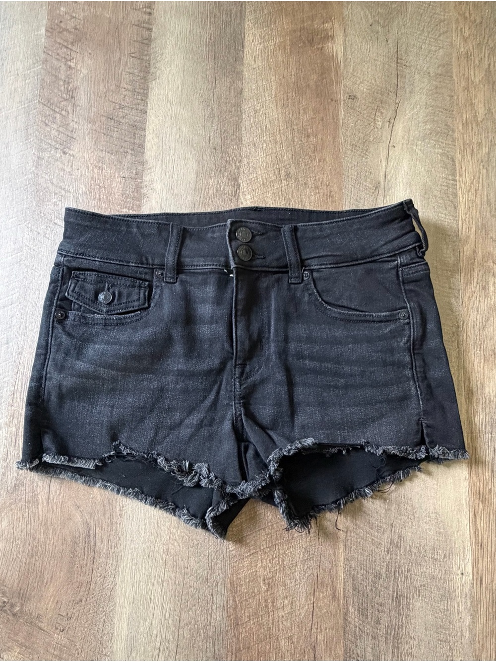 American Eagle Next Level Stretch Black Distressed Denim Shorts Size 8